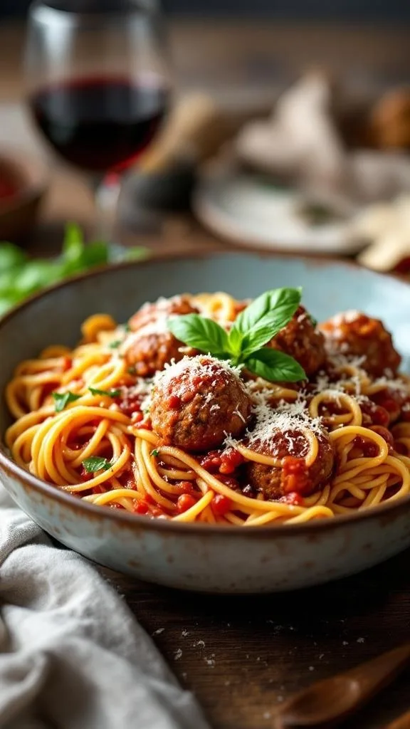 A bowl of spaghetti with meatballs topped with basil and parmesan cheese, served with a glass of red wine.
