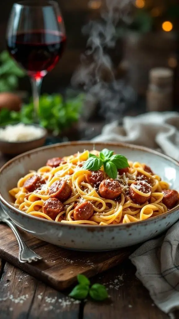 A bowl of hearty Italian sausage pasta with a glass of red wine