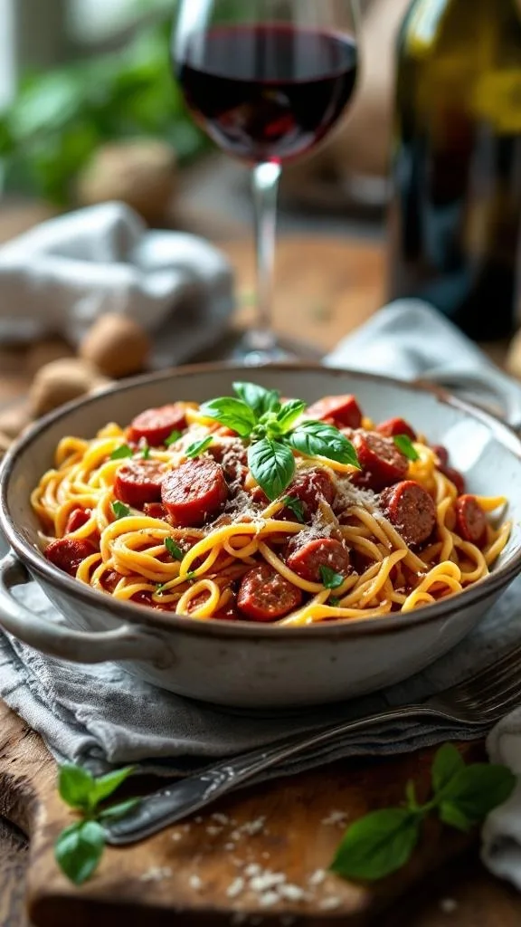 A bowl of hearty Italian sausage pasta with a glass of red wine in the background.