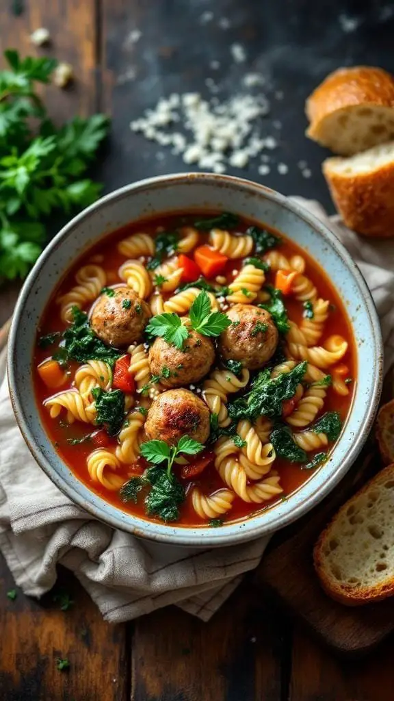 A bowl of hearty Italian wedding soup with meatballs, pasta, and greens