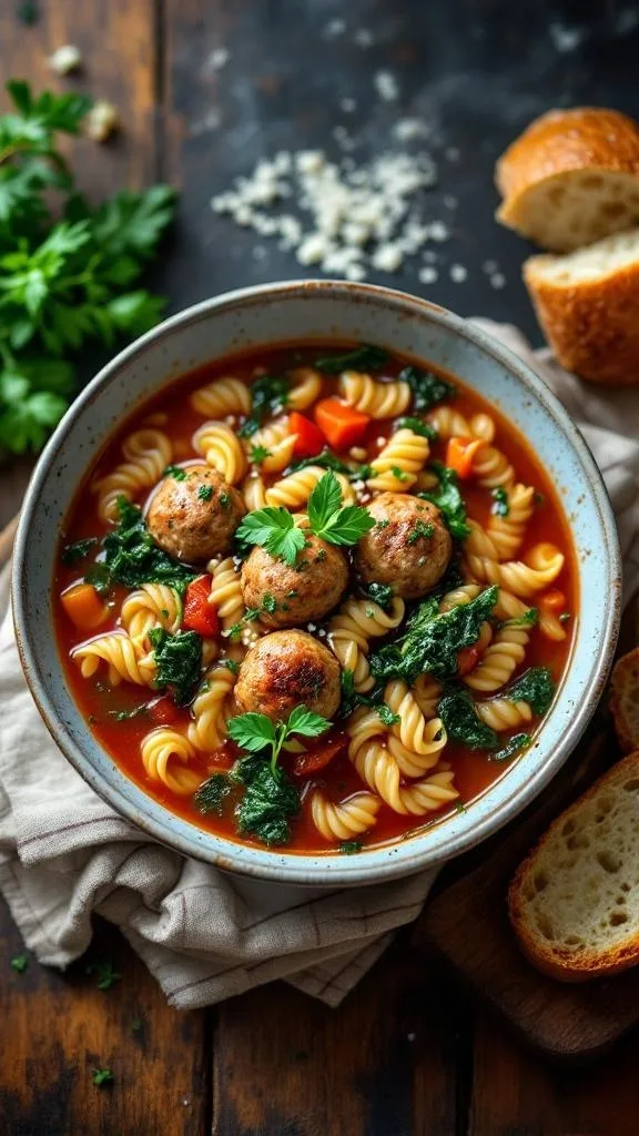 A bowl of hearty Italian wedding soup with meatballs, pasta, and greens