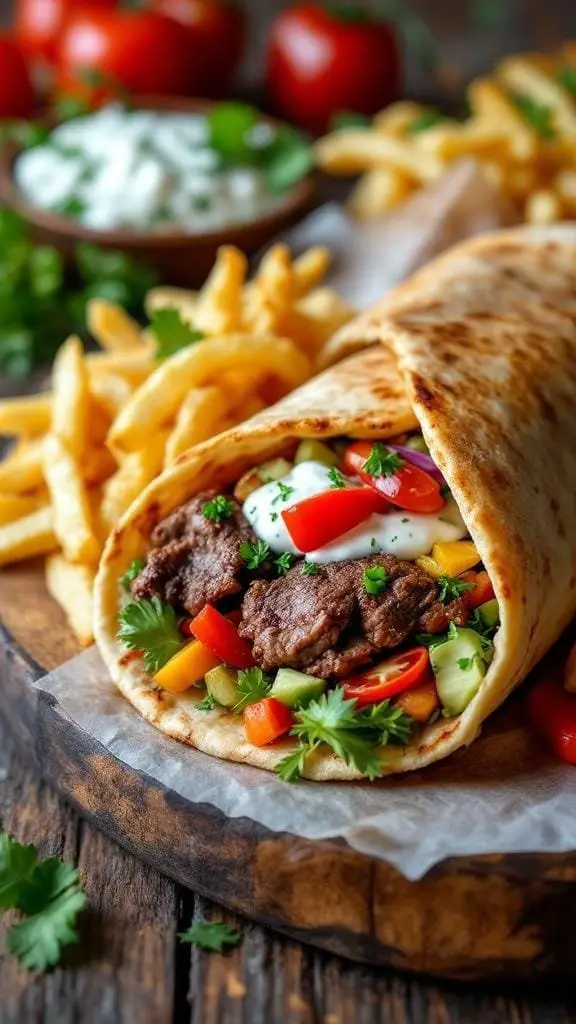 A hearty lamb gyro wrapped in pita, served with fresh vegetables and fries.