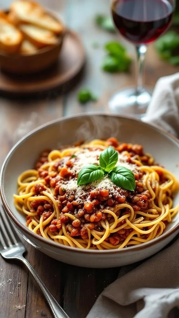 A bowl of spaghetti topped with lentil bolognese sauce, garnished with basil, alongside a glass of red wine.