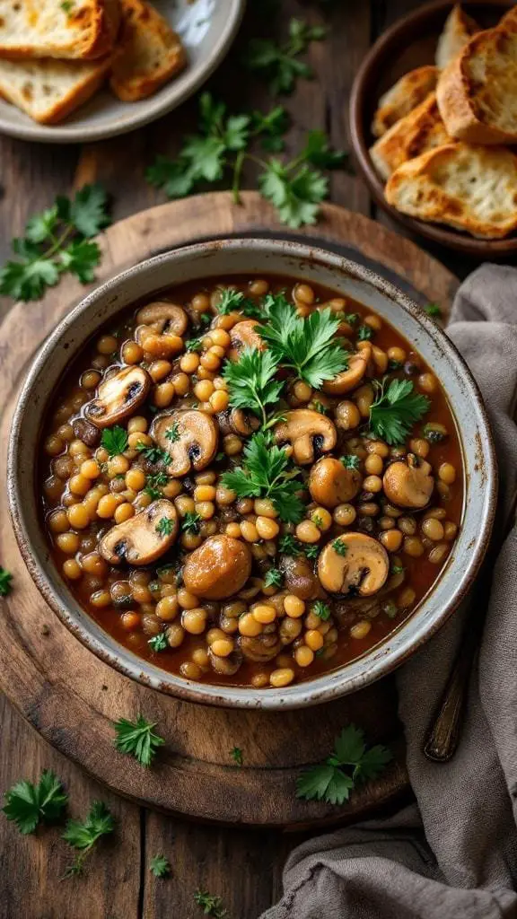 A bowl of hearty mushroom and lentil ragout garnished with fresh parsley, served with toasted bread.
