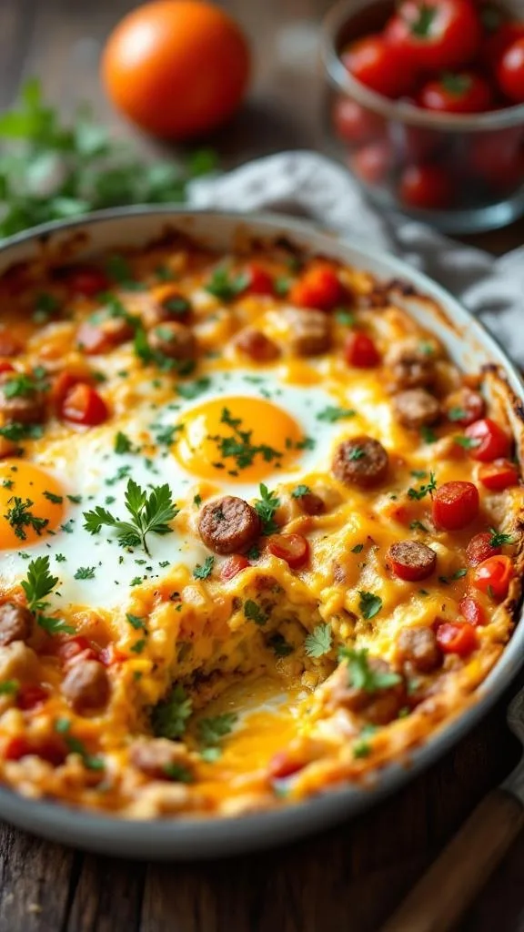 A delicious breakfast casserole with eggs, cheese, and vegetables.