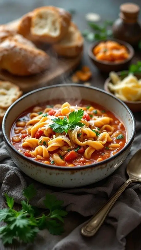 A bowl of Pasta E Fagioli soup with pasta, beans, and herbs, served with bread on the side.