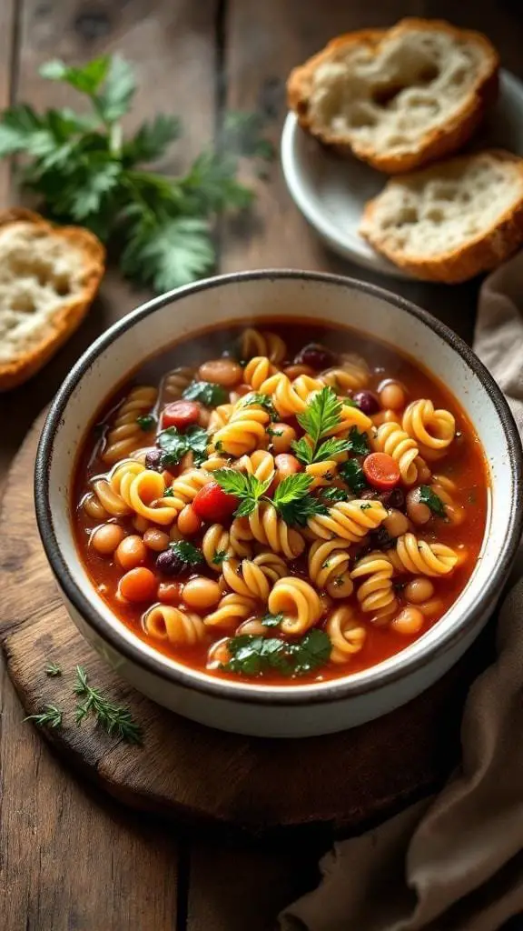 A bowl of Pasta E Fagioli soup with pasta, beans, and herbs, served with bread on the side.