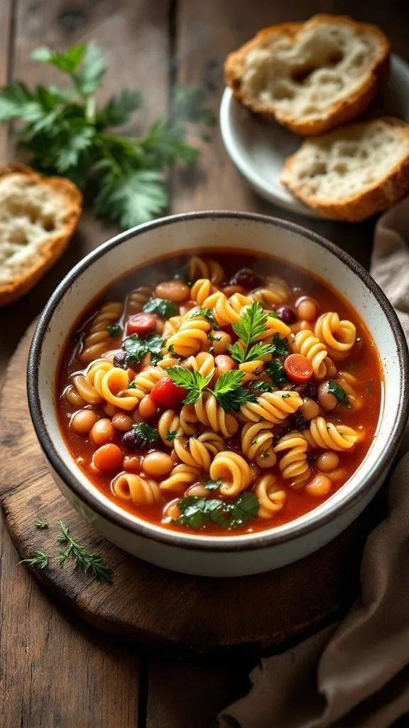 A bowl of Pasta E Fagioli soup with pasta, beans, and herbs, served with bread on the side.