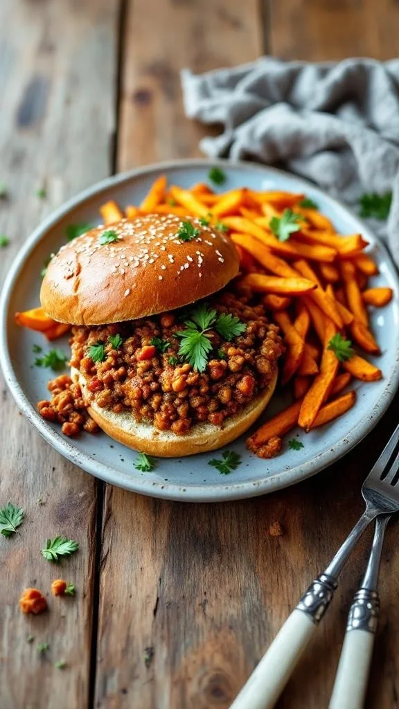 A plate of lentil sloppy joes with sweet potato fries