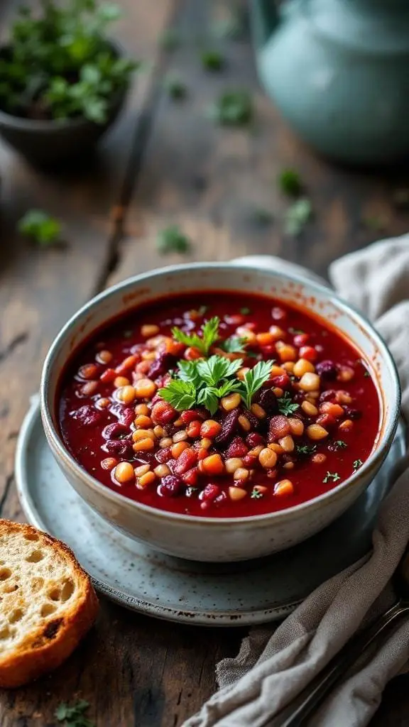 A bowl of hearty red lentil and roasted beet soup garnished with herbs, served with a slice of bread.