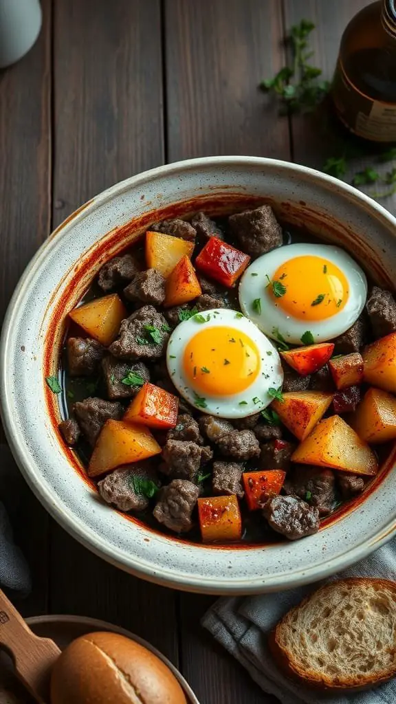 A delicious bowl of hearty steak and egg hash with diced potatoes and bell peppers.