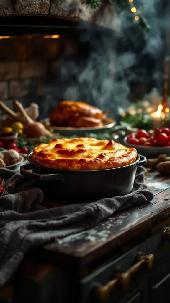 A beautifully baked Yorkshire pudding in a black dish, surrounded by festive decorations.