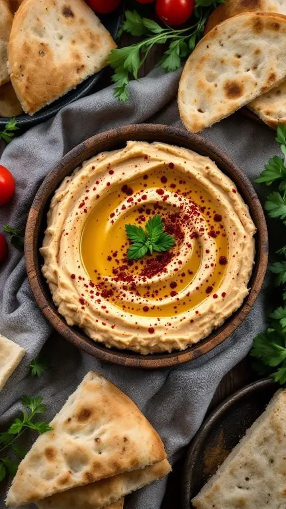 A bowl of baba ghanoush topped with olive oil and spices, surrounded by pita bread and fresh herbs.