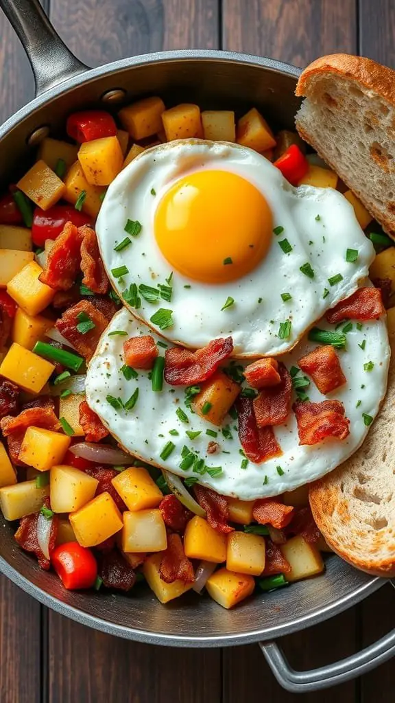 A delicious homemade breakfast hash with eggs, bacon, and colorful vegetables.