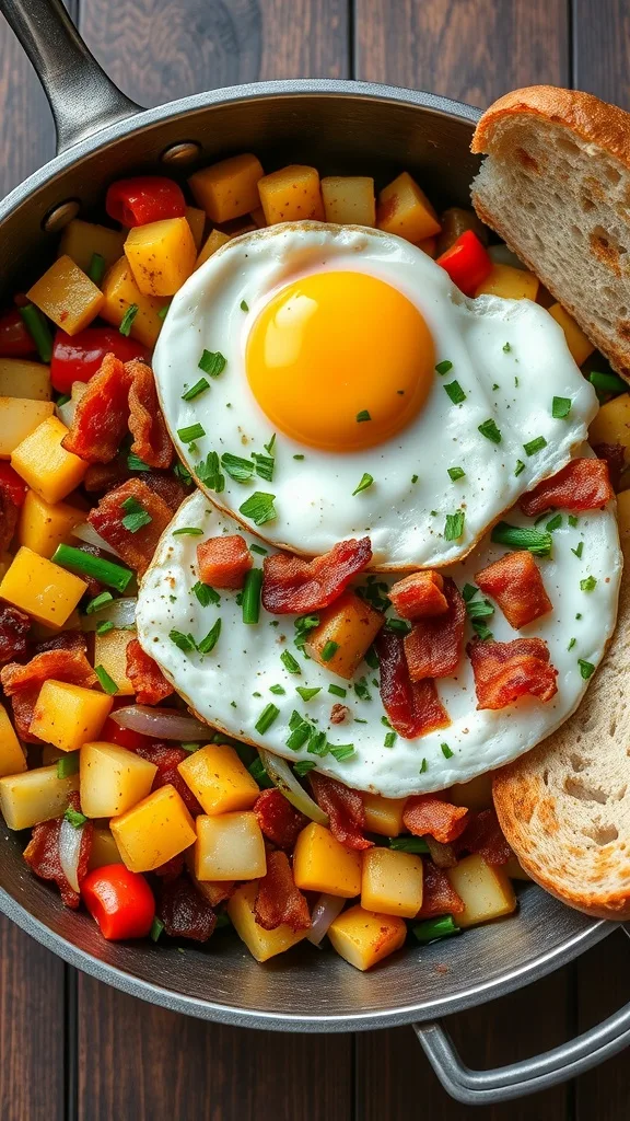 A delicious homemade breakfast hash with eggs, bacon, and colorful vegetables.
