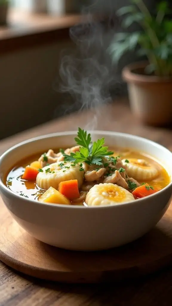 A bowl of homemade chicken and dumplings soup with steam rising, garnished with parsley.
