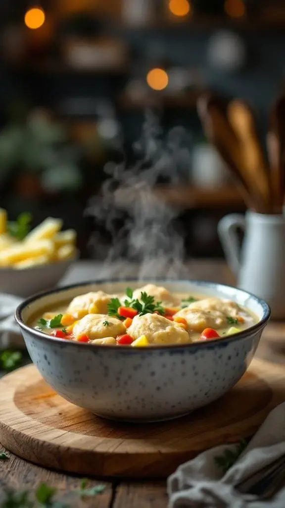A bowl of homemade chicken and dumplings soup with steam rising, garnished with parsley.