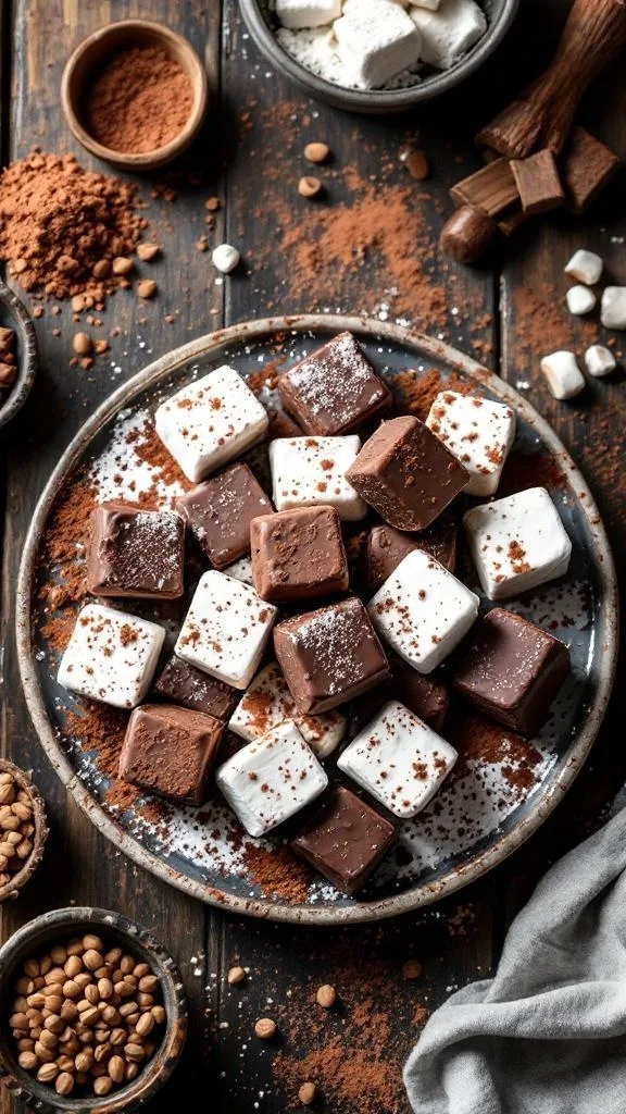 A plate of homemade chocolate covered marshmallows surrounded by cocoa powder and ingredients