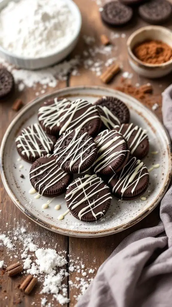 A plate of homemade chocolate covered Oreos drizzled with white chocolate