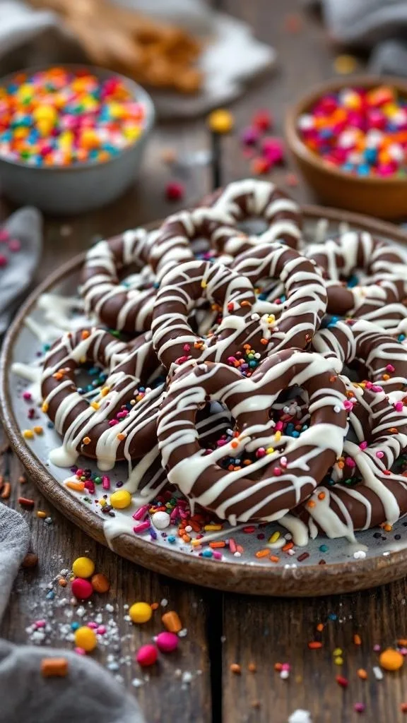 A plate of chocolate covered pretzels drizzled with white chocolate and colorful sprinkles.