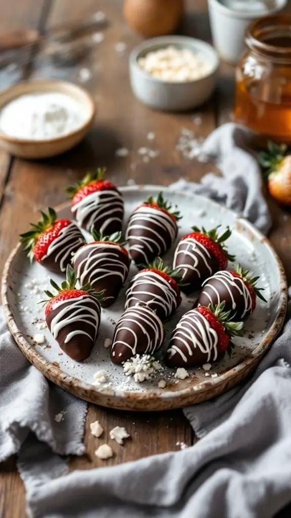 A plate of chocolate covered strawberries drizzled with white chocolate.