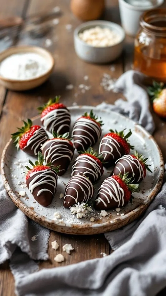 A plate of chocolate covered strawberries drizzled with white chocolate.