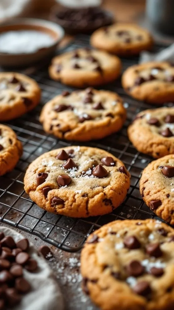 A tray of freshly baked chocolate chip cookies cooling on a wire rack.