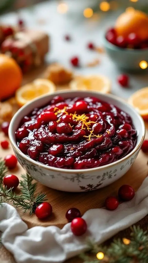 A bowl of homemade cranberry sauce garnished with orange zest, surrounded by fresh cranberries and oranges.