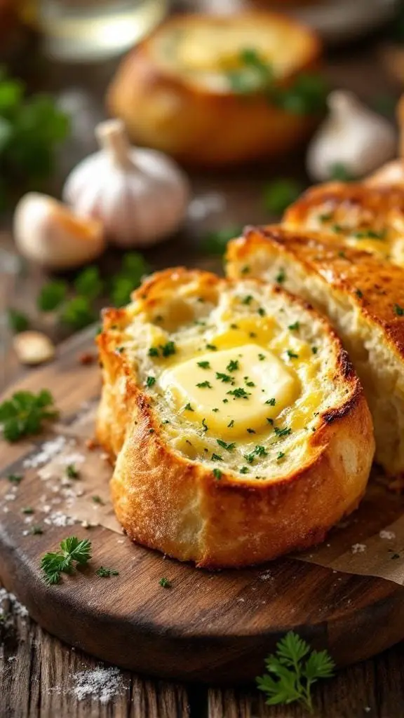 Delicious homemade garlic bread with melted butter and parsley
