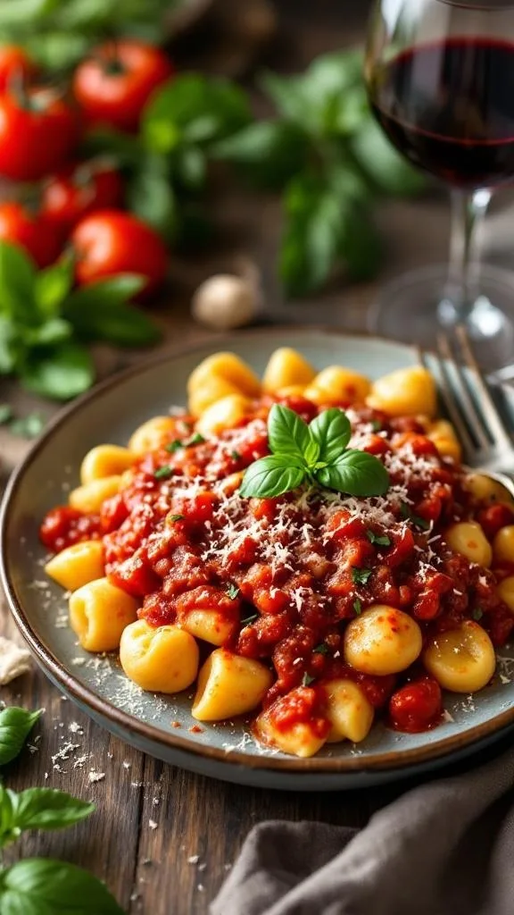 A plate of homemade gnocchi topped with marinara sauce and garnished with basil.