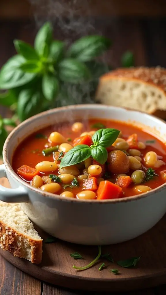 A bowl of homemade minestrone soup with fresh basil and bread on the side