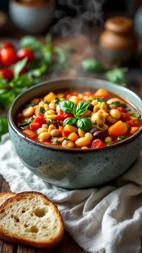 A bowl of homemade minestrone soup with colorful vegetables and beans.