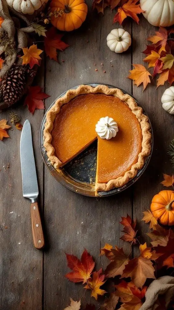 A homemade pumpkin pie with a slice removed, surrounded by autumn leaves and small pumpkins.
