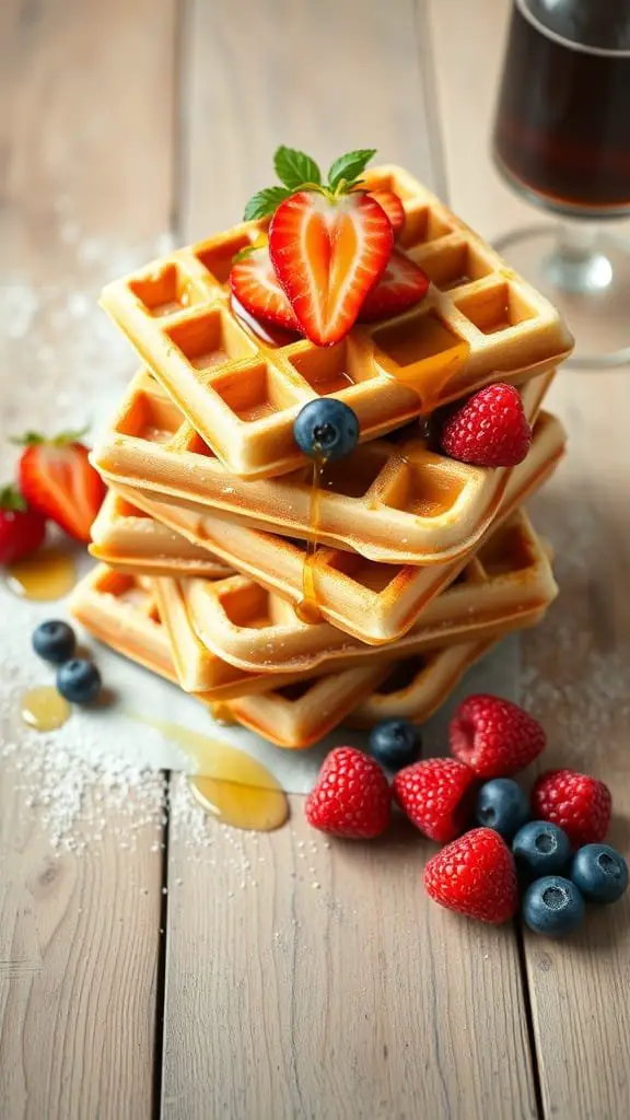 A stack of homemade waffles topped with strawberries, blueberries, and syrup.