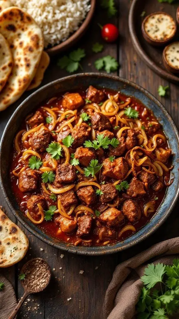 A bowl of Indian Beef Dupiaza with caramelized onions, served with rice and naan.