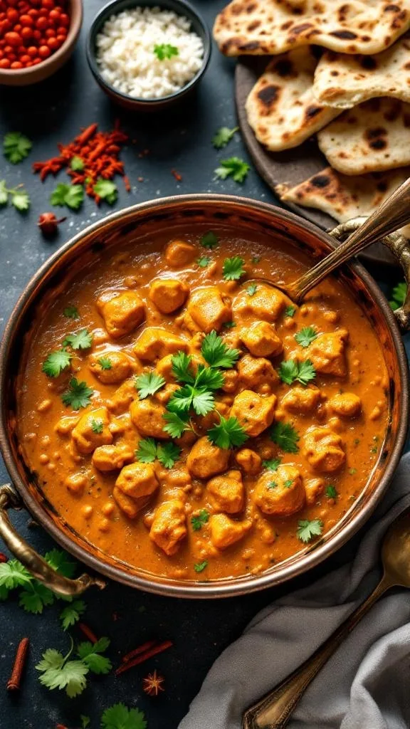A bowl of Indian Butter Chicken garnished with cilantro, served with naan and rice.