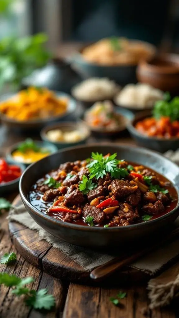 A bowl of Indonesian Beef Rendang garnished with fresh herbs, surrounded by various side dishes.