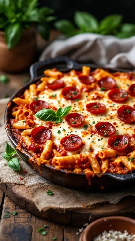 A delicious Italian Pizza Pasta Casserole with pepperoni and cheese.