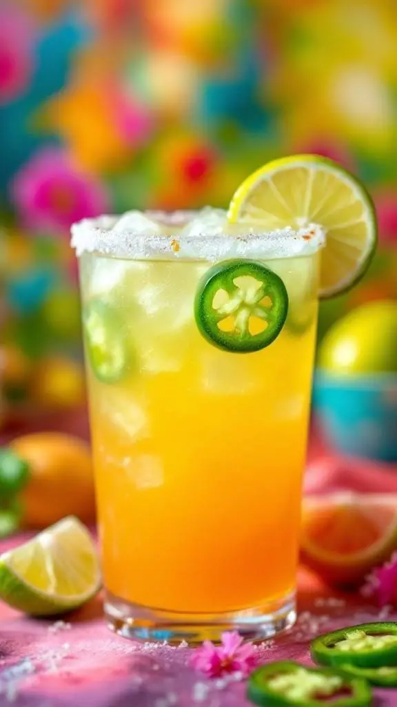 A vibrant Jalapeño Margarita garnished with lime and jalapeño slices.