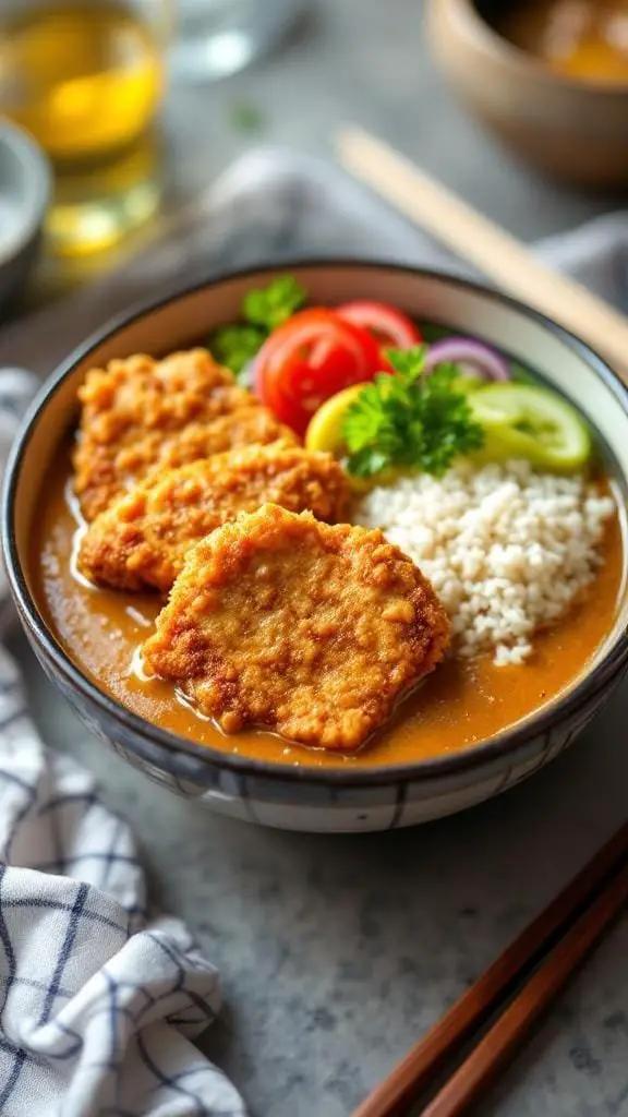 A bowl of Japanese Chicken Katsu Curry with crispy chicken cutlets, rice, and fresh vegetables.
