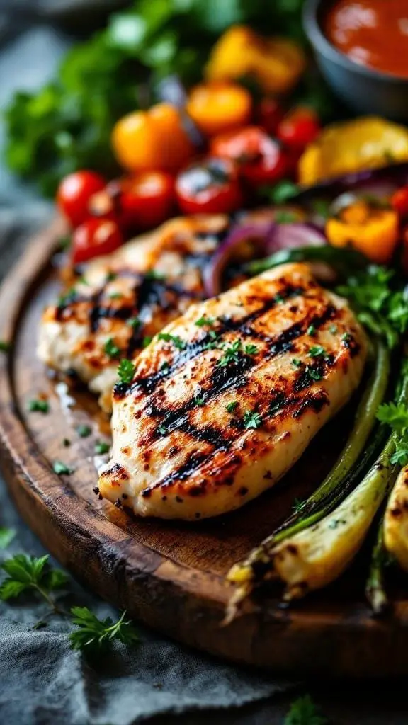 Grilled chicken breast served with colorful vegetables on a wooden platter