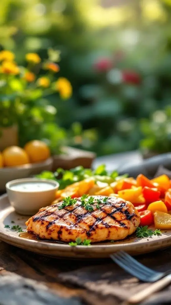 Grilled chicken breast served with colorful vegetables and a dipping sauce