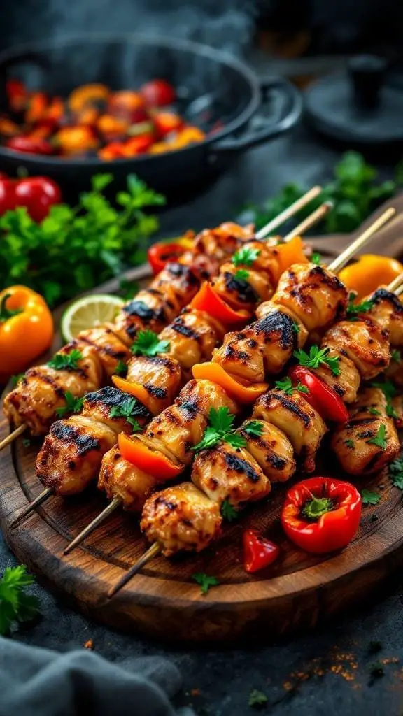 Juicy grilled chicken skewers with colorful vegetables on a wooden platter