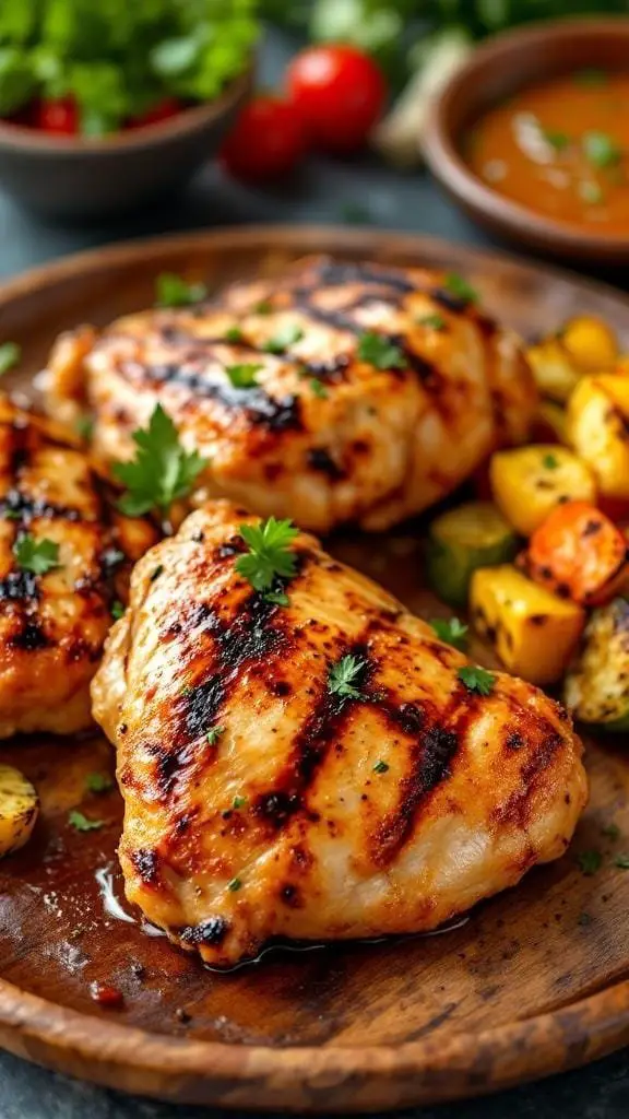Juicy grilled chicken thighs on a wooden plate with vegetables