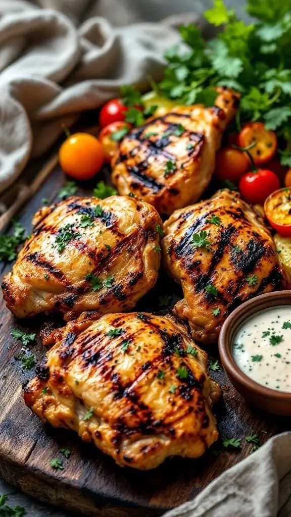Grilled chicken thighs on a wooden board with herbs and tomatoes