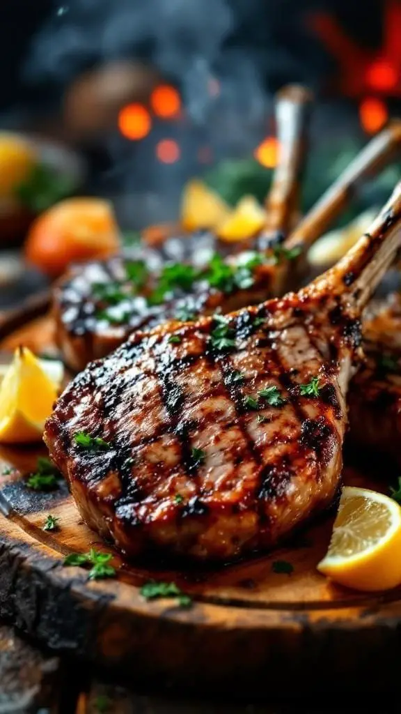 Juicy grilled lamb chops on a wooden platter with lemon slices