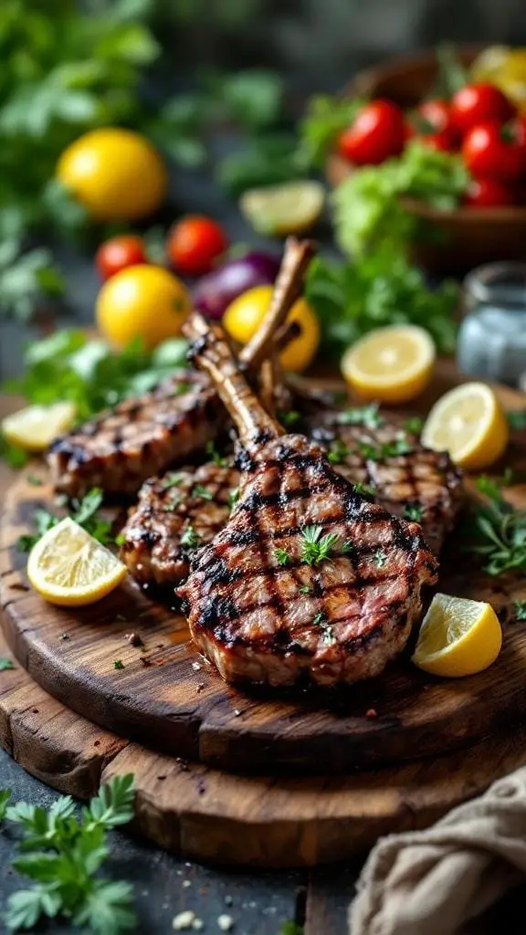 Grilled lamb chops with lemon and herbs on a wooden board