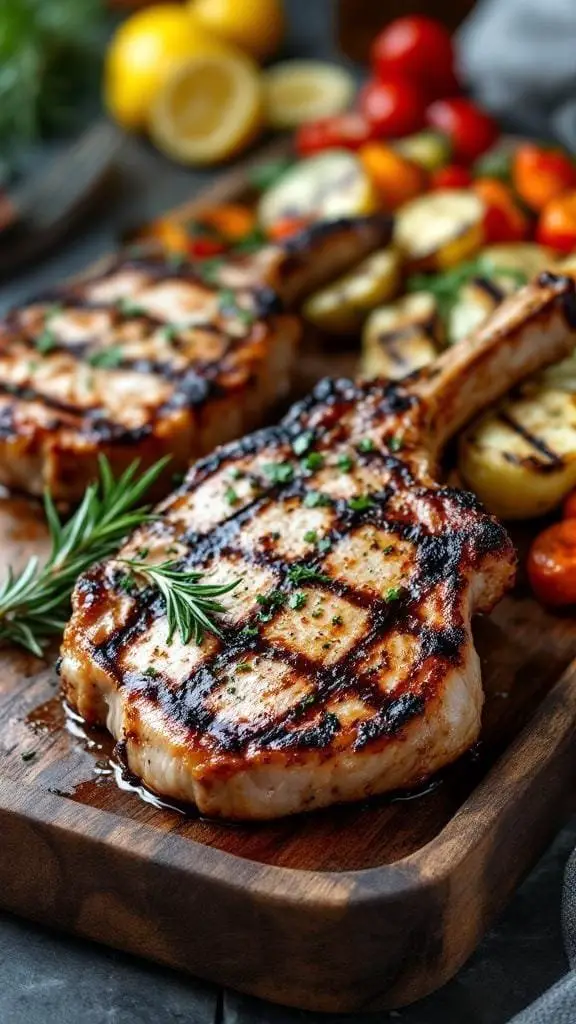 Juicy grilled pork chops with herbs and garlic on a wooden cutting board
