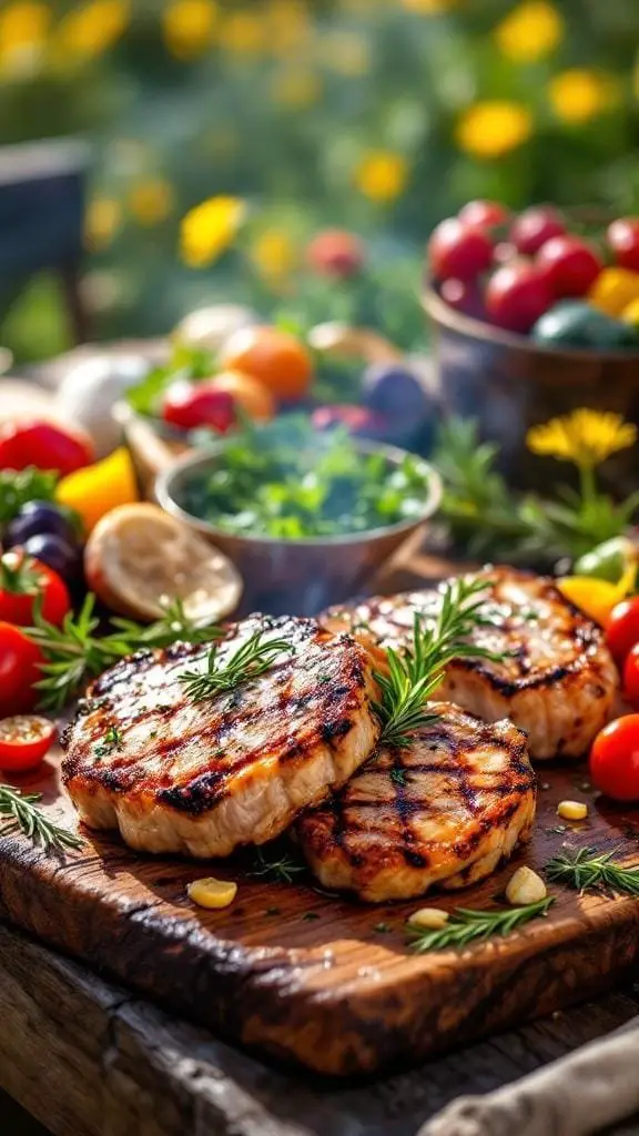 Grilled pork chops with herbs and garlic on a wooden platter surrounded by fresh vegetables