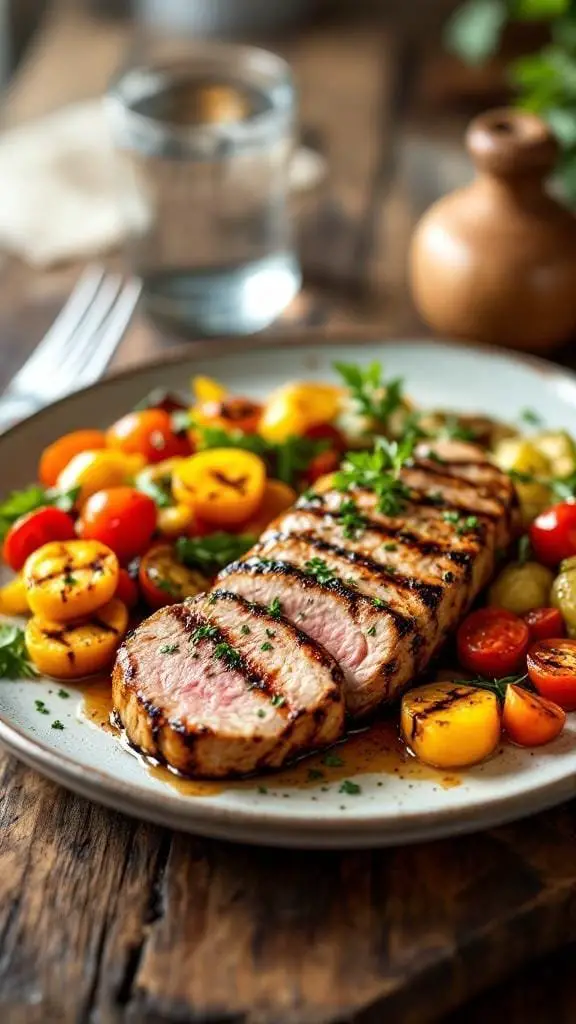 Grilled pork tenderloin served with colorful roasted vegetables
